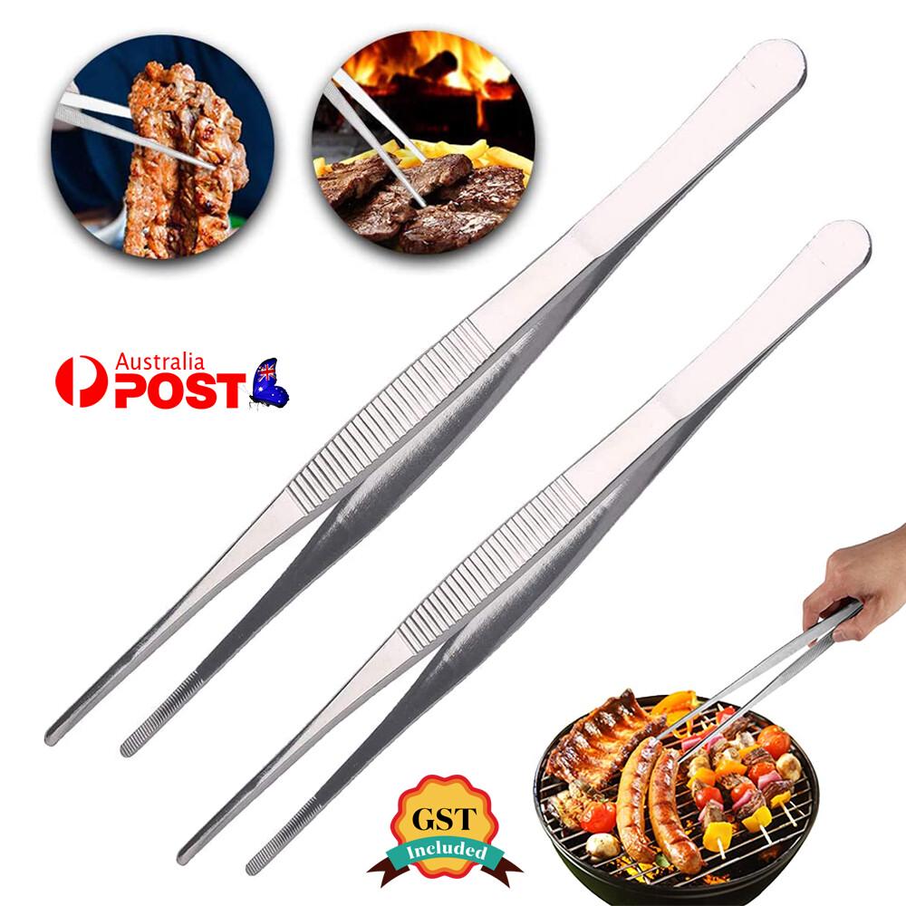 Silver Stainless Steel Long Food Tongs Straight Tweezers Kitchen Tool