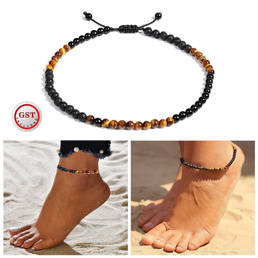 Anklet Bracelet For Women Black Obsidian Healing Crystal Good Luck GemstoneTiger