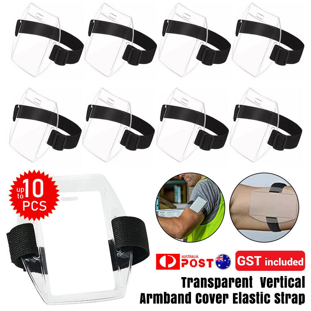 Armband Security ID Card Photo Badge Holder Vertical Clear + Black Elastic Strap