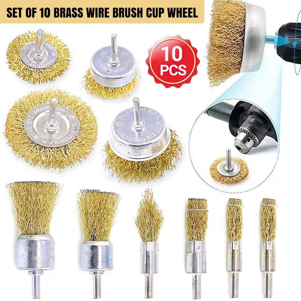 Brass Wire Brush Cup Wheel Set For Drill Steel Metal Cleaning Rust Sanding 10PCS