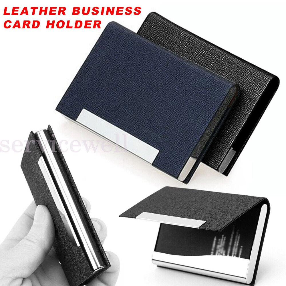 Business Card Holder Case Cover Black Leather Silver Metal Credit Card Magnetic
