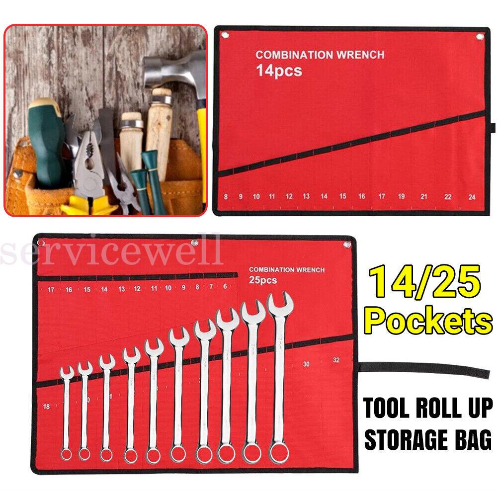 Canvas Spanner Wrench Tool Roll Up Storage Bag Organizer Pouch Case 14-25 Pocket - Image 3