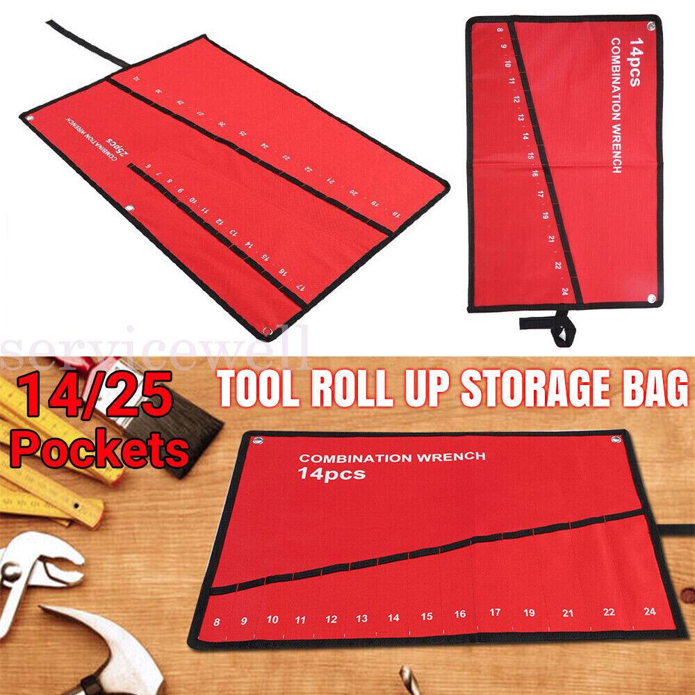 Canvas Spanner Wrench Tool Roll Up Storage Bag Organizer Pouch Case 14-25 Pocket - Image 4