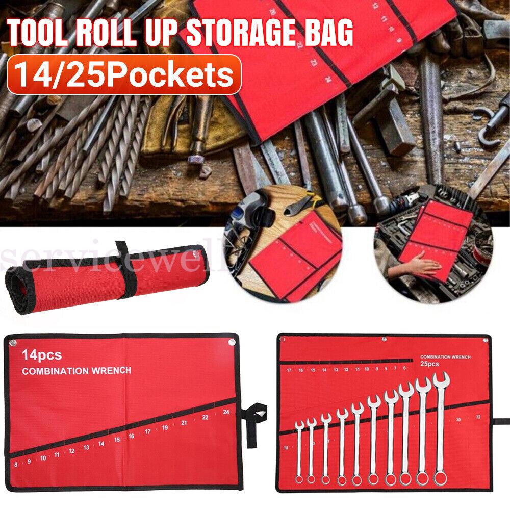 Canvas Spanner Wrench Tool Roll Up Storage Bag Organizer Pouch Case 14-25 Pocket - Image 2