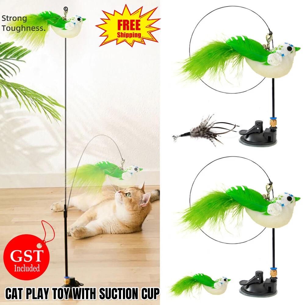 Cat Play Toy Simulation Birds Teaser Wand Interactive Stick with Suction Cup