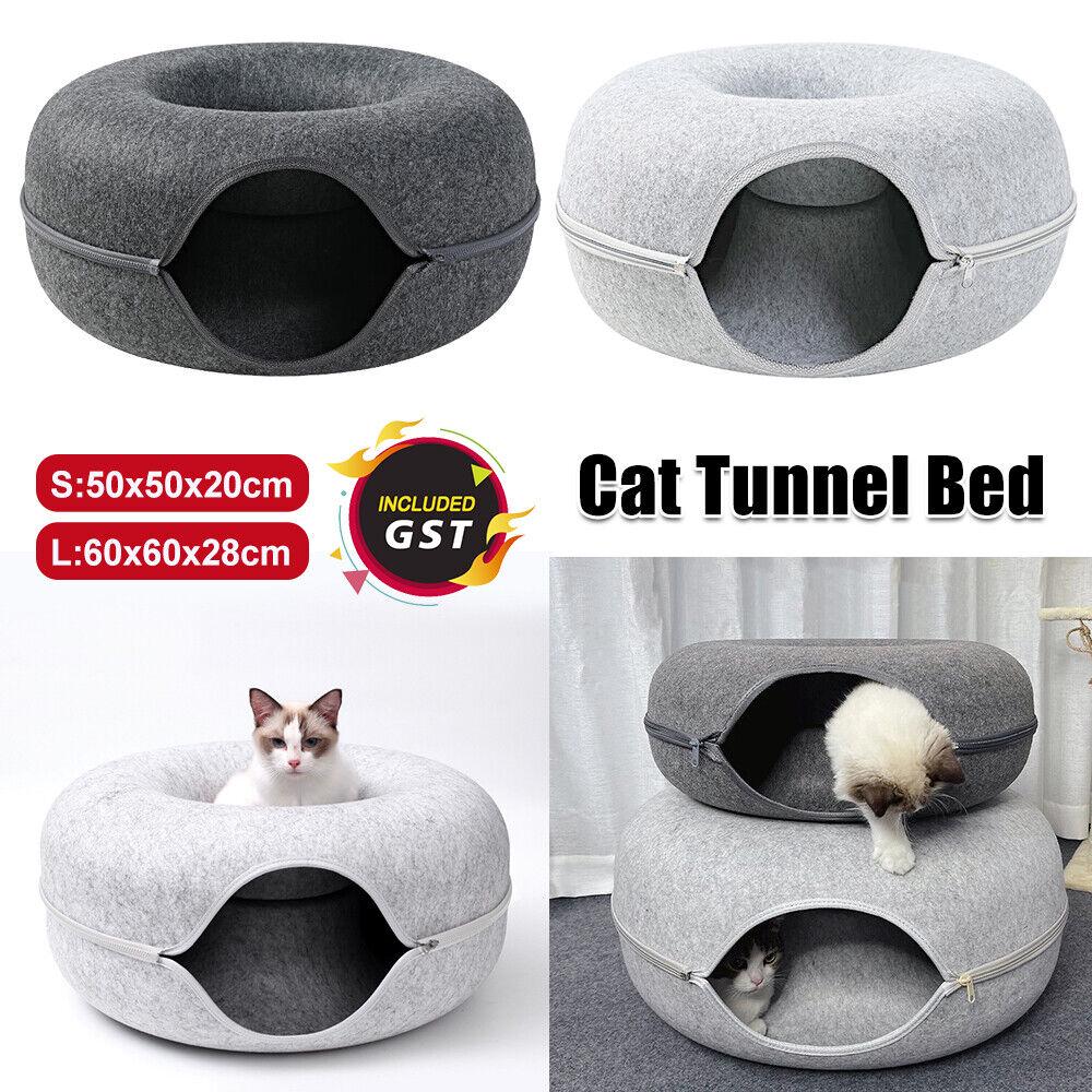 Cat Tunnel Bed Felt Pet Puppy Nest Cave House Round Donut Interactive Play Toy