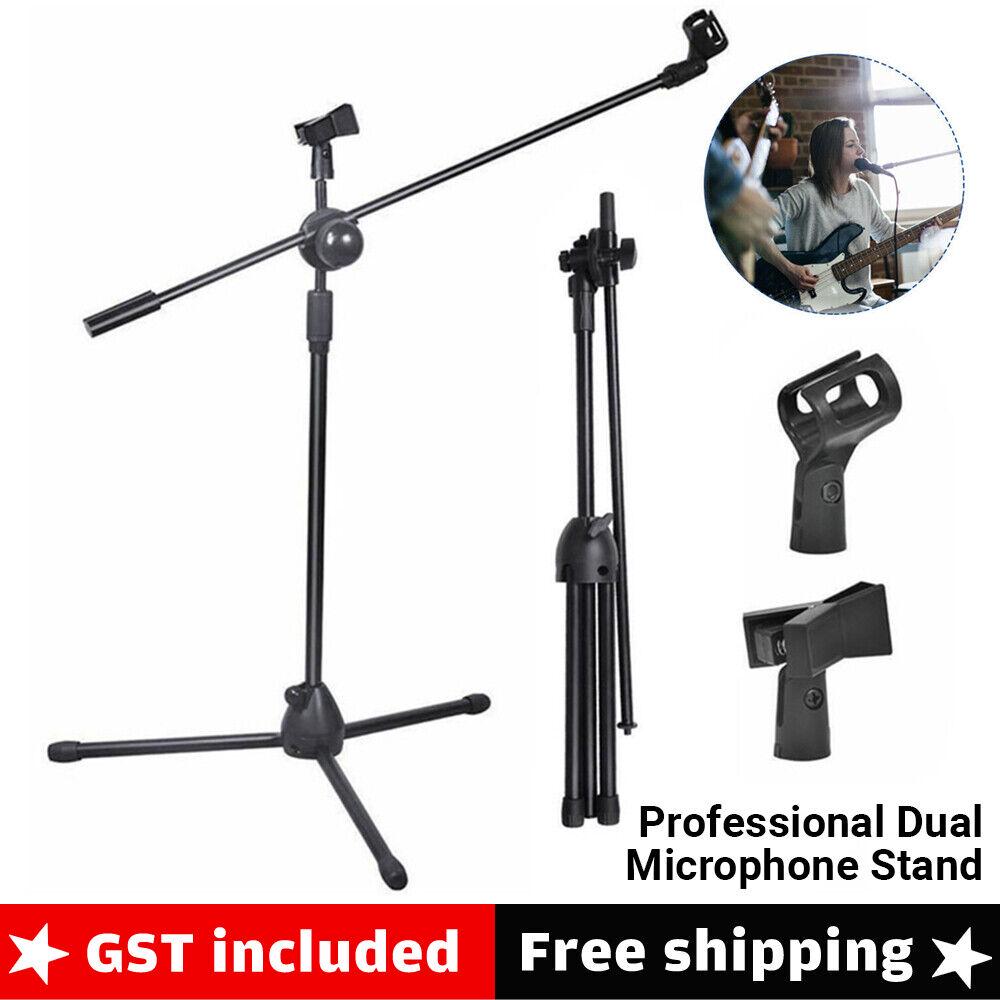 Dual Professional Microphone Stand Telescopic Boom Adjustable Mic Holder Tripod