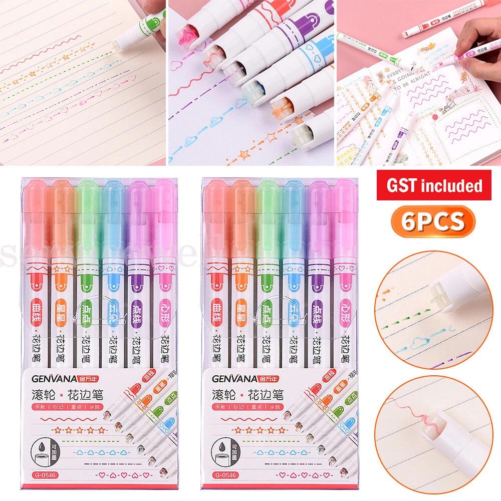 Flownwing Highlighter Curved Pen Set Dual Tip Pens with 6 Different Curve Shapes