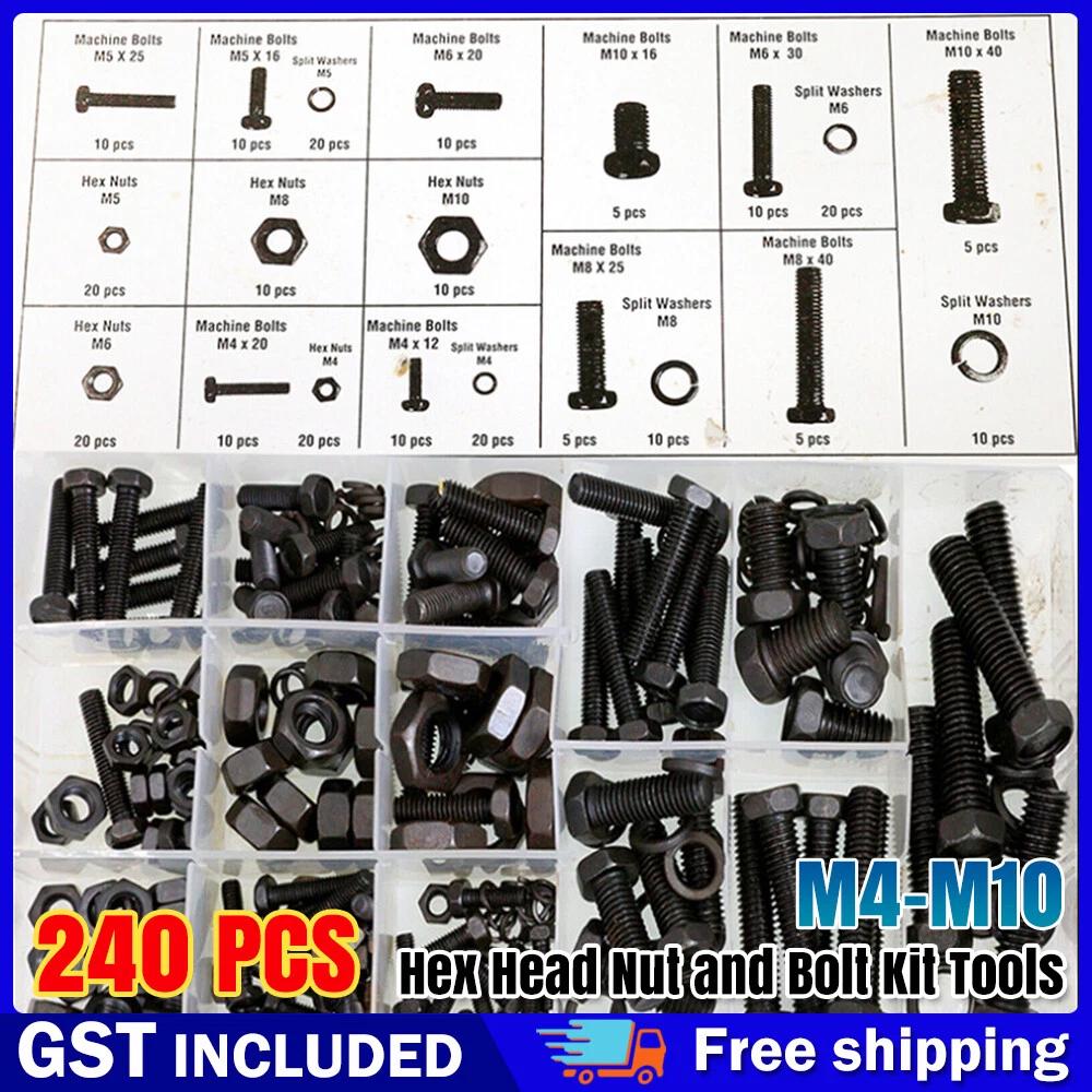 Hex Head Nut and Bolt M4 M5 M6 M8 M10 Kit Tools Washer Assortment Box Tools 240X