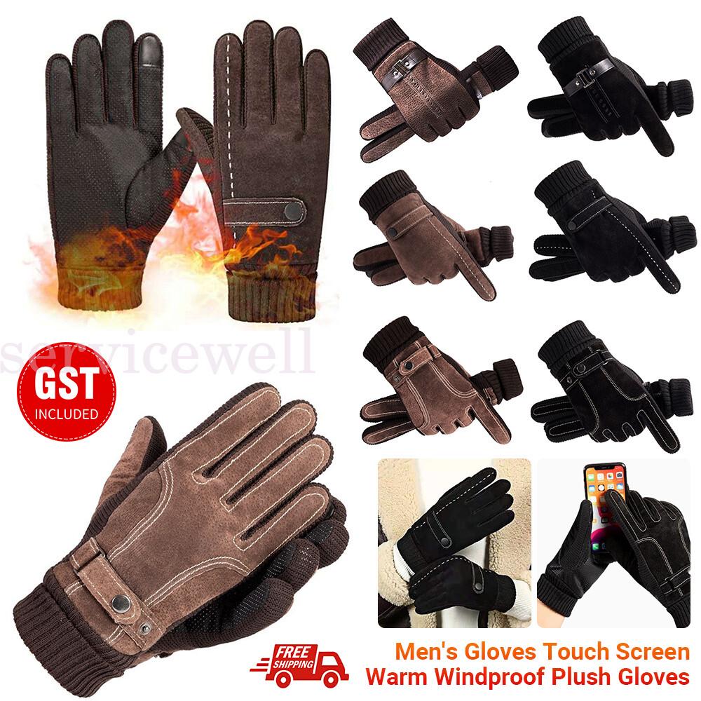 Men Winter Gloves Thermal Leather Touch Screen Warm Windproof Soft Outdoor