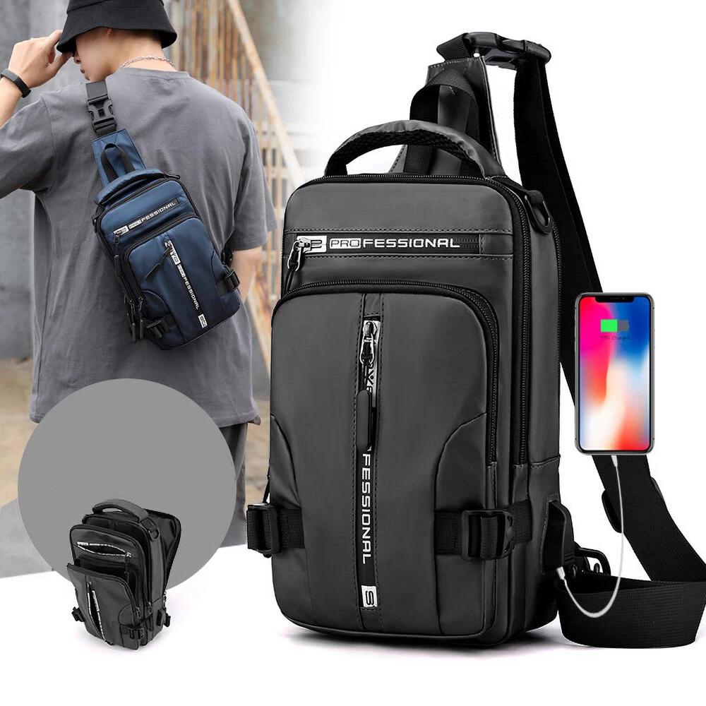 Men's Sling Crossbody Bag Chest Shoulder Messenger Backpack USB Port - Image 2