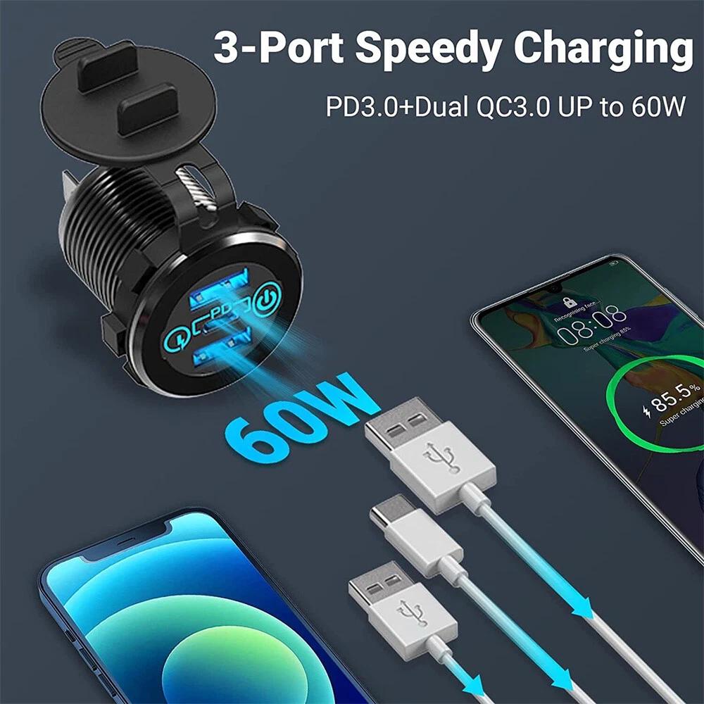 PD Type C Dual USB Car Charger QC 3.0 Charger 12V 24V Power Outlet Socket 60W - Image 3