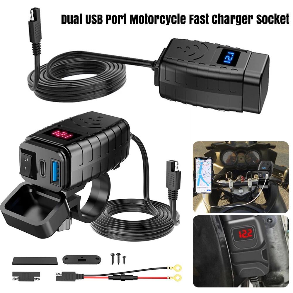 Red Screen Dual USB Port Motorcycle Fast Charger Socket LED Voltmeter Display