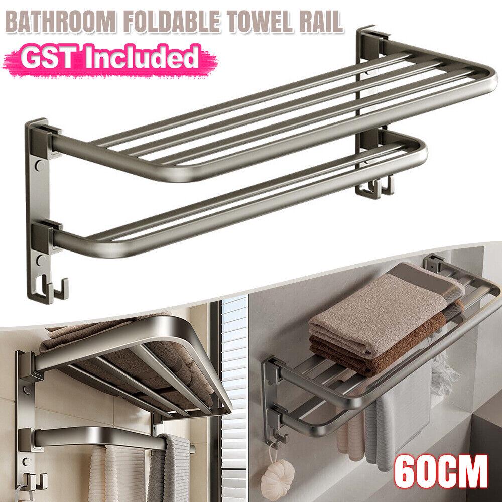 Towel Rail Rack Holder Wall Mounted Aluminium Foldable Towel Hanging Hook AU