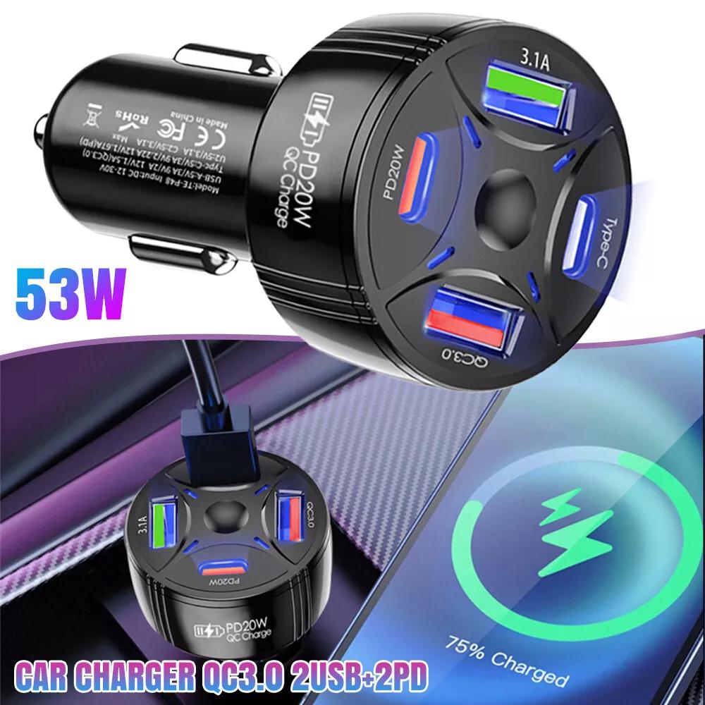53W 20W PD 2 USB Type C+2 USB Multi 4 Ports Fast Car Charger Adapter Socket