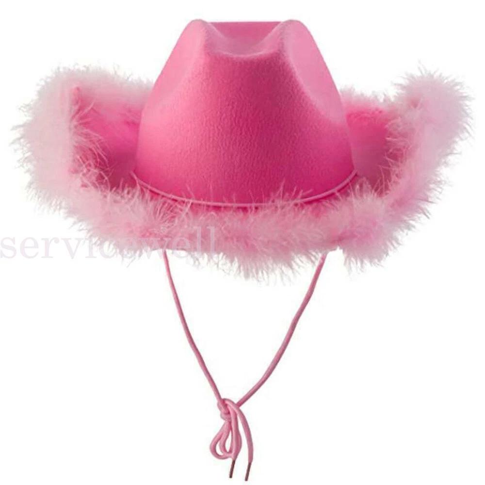 Vintage Fluffy Feather Brim Cowboy Hat Pink Cowgirl Hat for Festival Parade Deco - Image 7