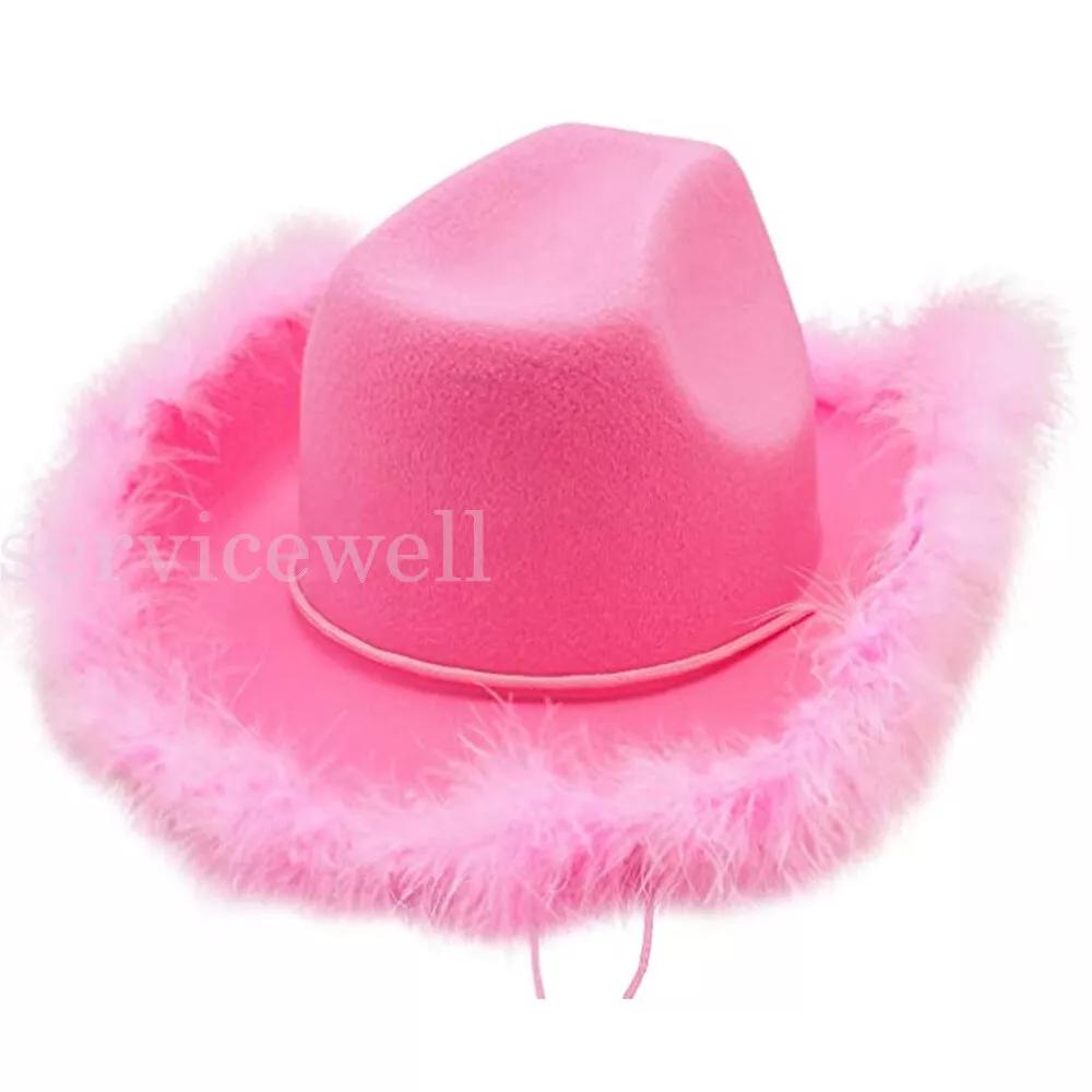 Vintage Fluffy Feather Brim Cowboy Hat Pink Cowgirl Hat for Festival Parade Deco - Image 3