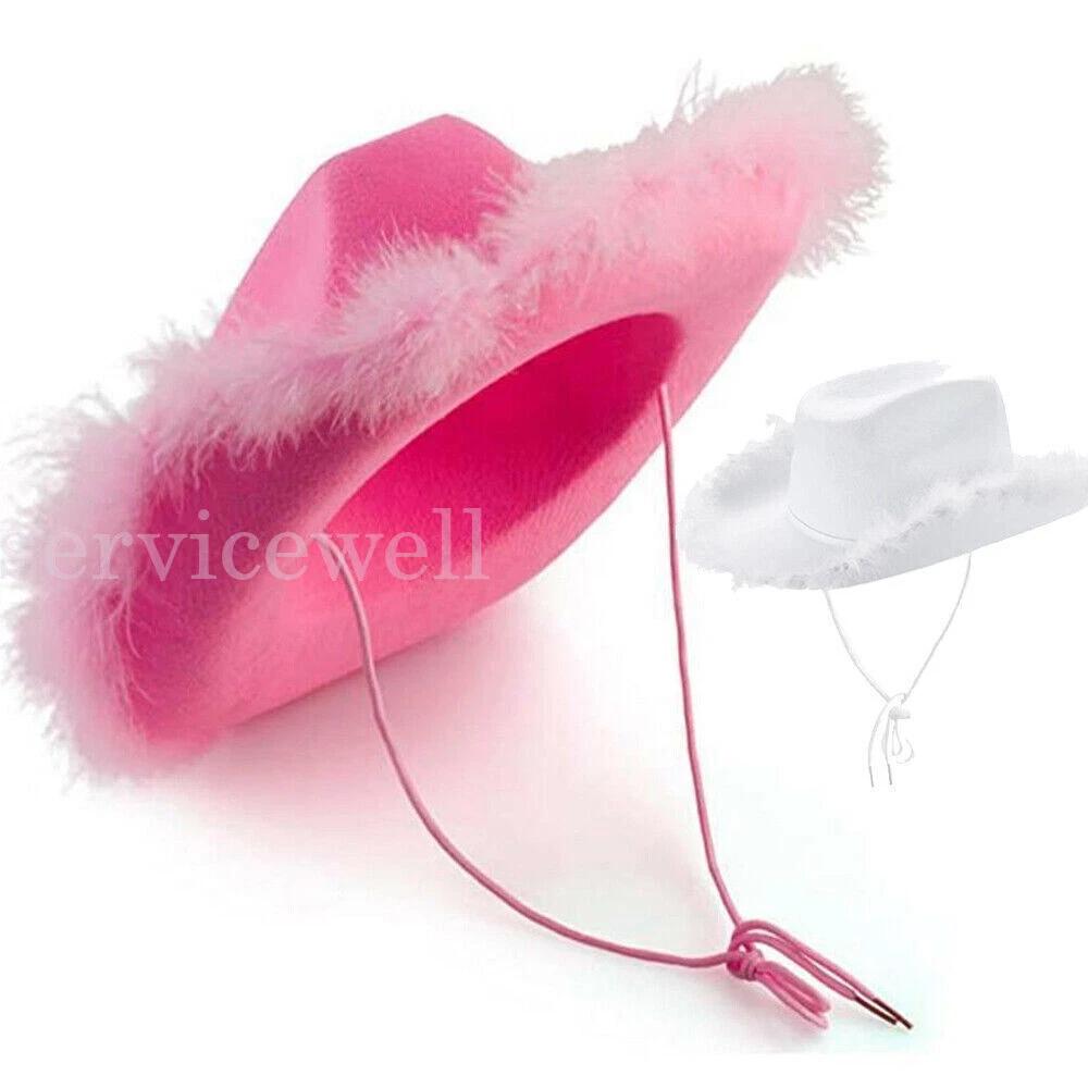 Vintage Fluffy Feather Brim Cowboy Hat Pink Cowgirl Hat for Festival Parade Deco - Image 2