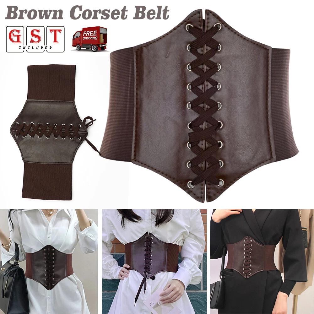 Waist Cincher Corset Brown Wide Band Elastic Tied Waspie Belt Leather Lace-Up