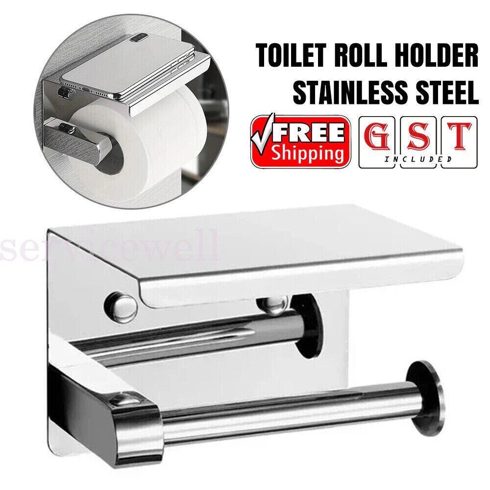 Wall Mounted Brass Toilet Paper Roll Holder with Phone Shelf Tissue Rack chrome