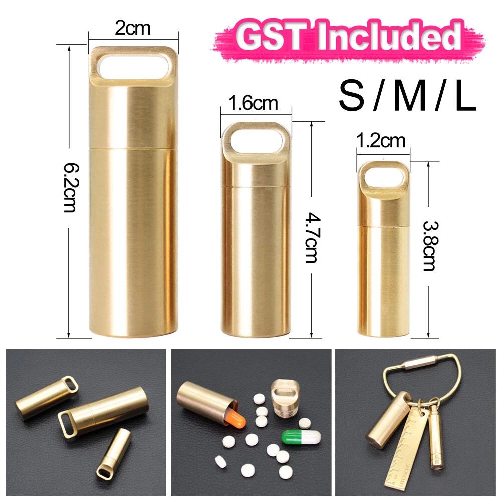 Waterproof Pill Box Case Bottle Brass Container Keyring Medicine Capsule Holder