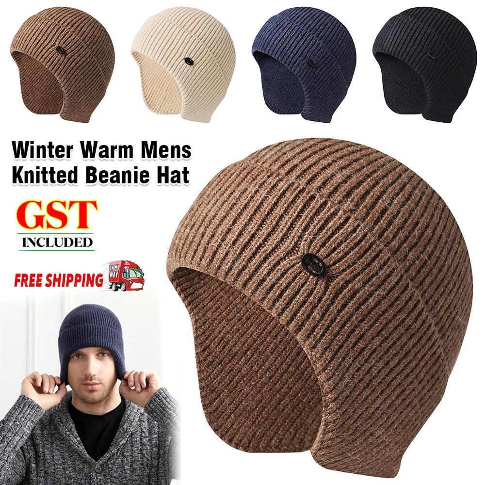 Winter Warm Mens Knitted for Beanie Hat With Earflaps Outdoor Ski Skull Cap AU