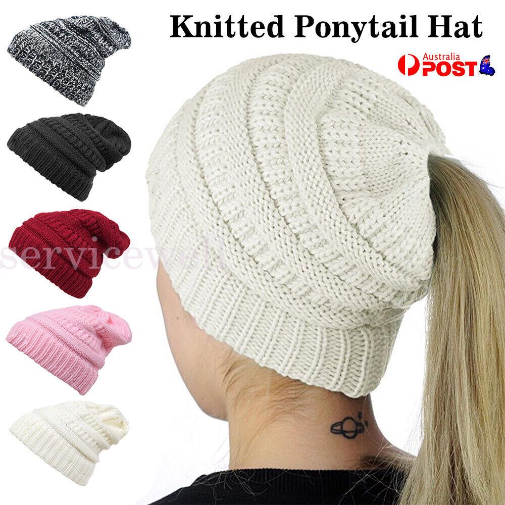 Women's Ponytail Beanie Skull Cap Winter Warm Stretch Cable Knit High Bun Hat