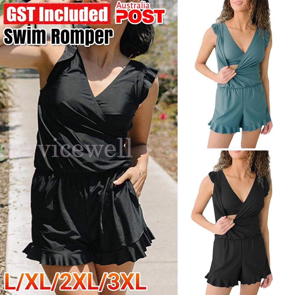 Womens V-neck Swim Romper Built In Bra Plus Size Swimwear Ruffle Beach Swimsuit