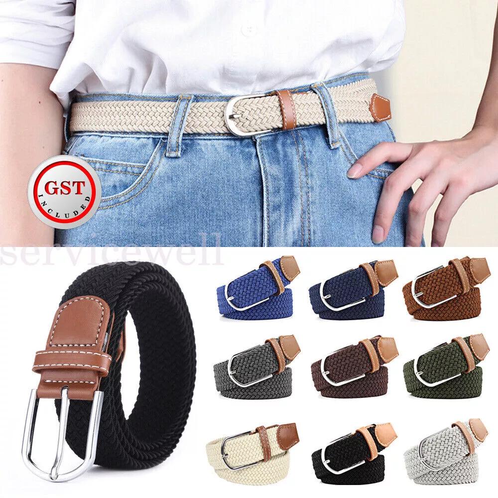 Woven Waist Straps Canvas Buckle Belt Waistband Men's Elastic Braided Stretch AU